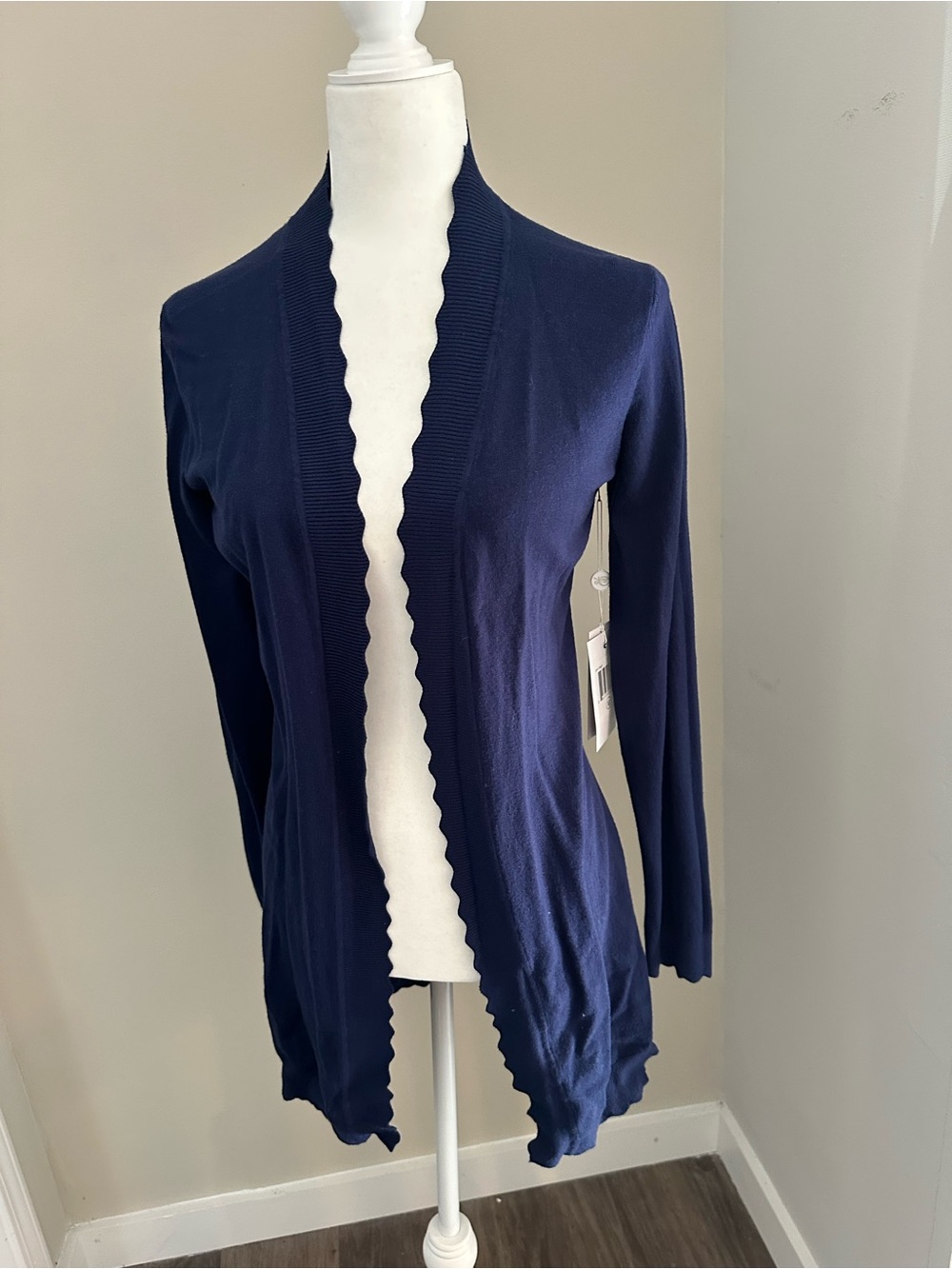 Scalloped-Edge Navy Open-Front Cardigan Sweater